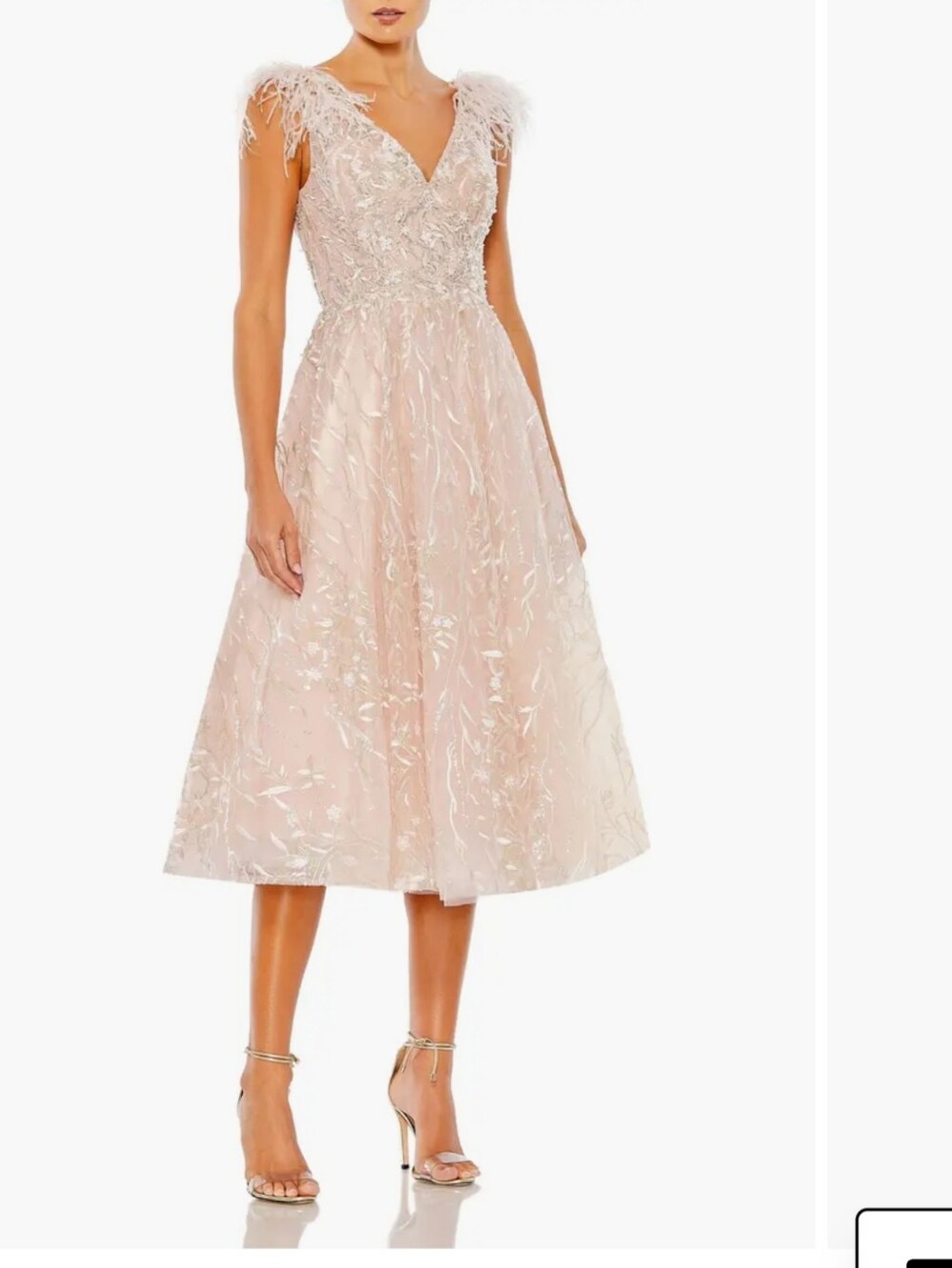 Mac Duggal Blush Feather-Trim Embroidered Midi Dress
